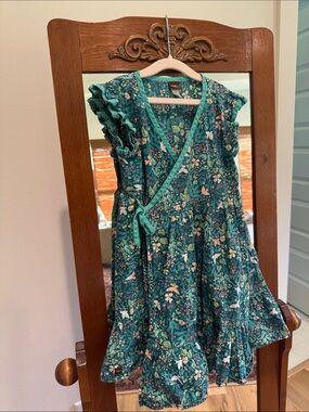 Tea Collection Teal Floral Wrap Dress with Birds